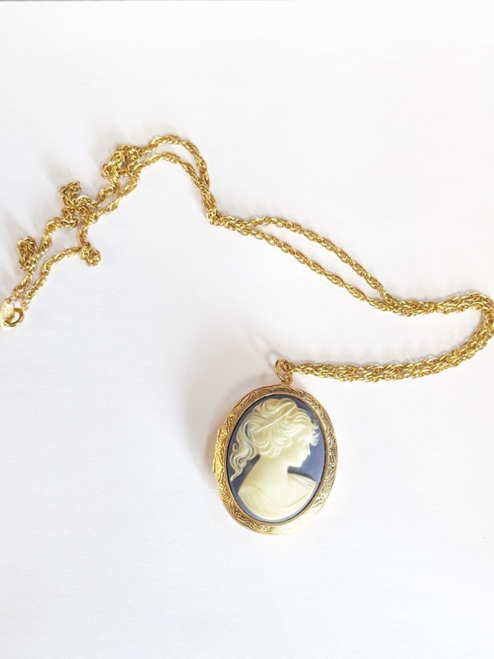 Vintage Gold Cameo Locket Necklace with Cream Profile on Blue